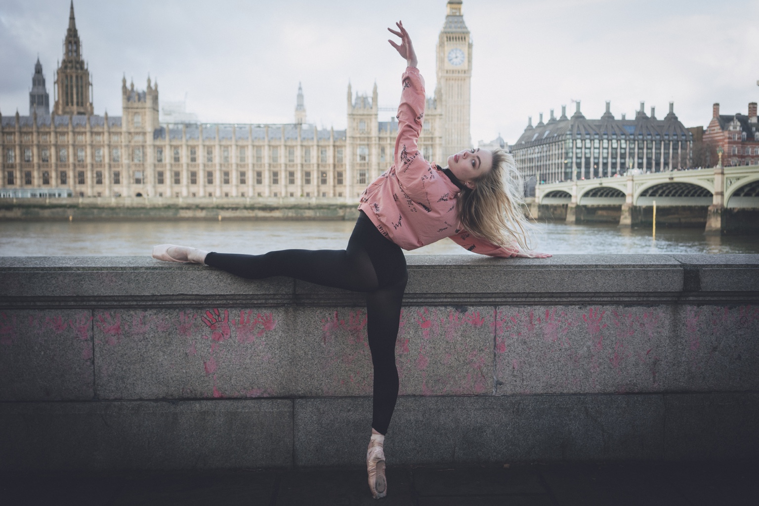 Ballet dancer posing near Big Ben in London